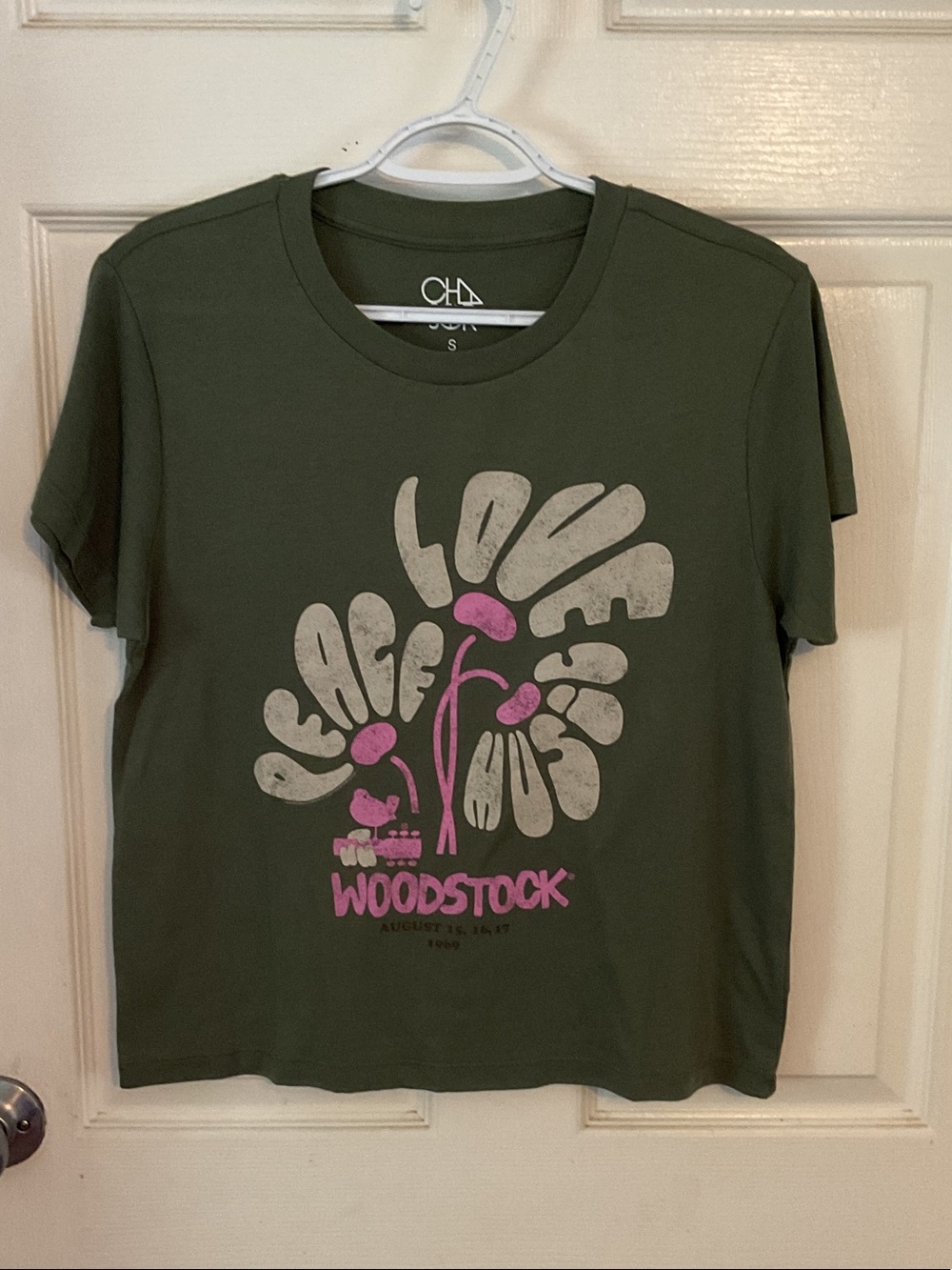 Chaser Olive Green Woodstock Graphic Tee with Pink Accents